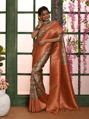 Rajwada Orange Soft Silk Woven Saree With Unstitched Blouse For Women