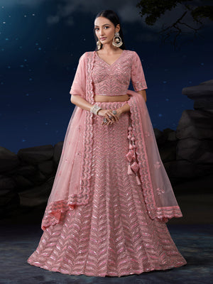Rajwada Pink Embellished Soft Net Semi Stitched Lehenga With Blouse For Women