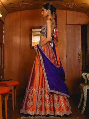 Rajwada Orange Silk Blend Embellished Semi Stitched Lehenga For Women