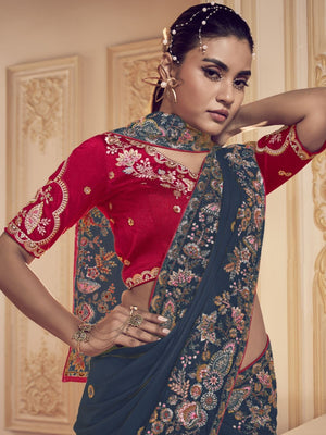 Rajwada Navy Blue Satin Embroidered Elegant Saree For Women