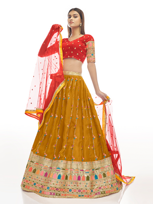 Rajwada Women Mustard Embroidered Georgette Semi Stitched Lehenga With Unstitched Blouse