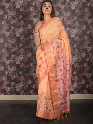 Rajwada Yellow Floral Print Cotton Blend Saree with Unstitched Blouse for Women