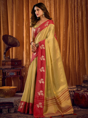 Rajwada Golden And Red Silk Blend Solid Saree For Women