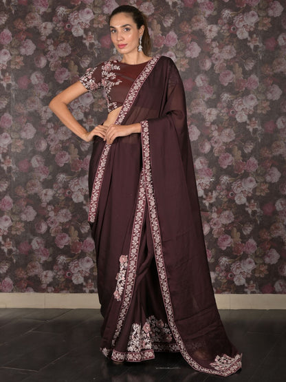 Rajwada Burgundy Georgette Embroidered Saree With Stitched Blouse For Women