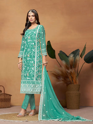 Rajwada Sea green Embroidered Semi Stitched Kurta Set  For Women