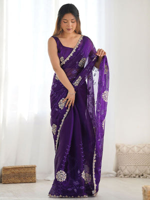 Rajwada Violet Chiffon Embroidered Elegant Saree For Women
