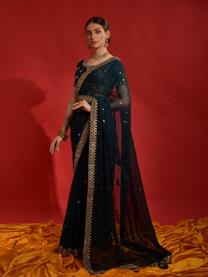 Rajwada Teal Embroidered Georgette Saree With Unstitched Blouse For Women