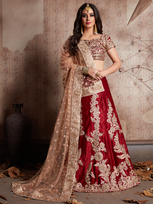 Rajwada Women Maroon Embroidered Semi Stitched Lehenga With Unstitched Blouse