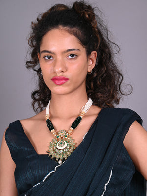 Rajwada Green Faux Pearls Embellished Kundan Neck Piece For Women
