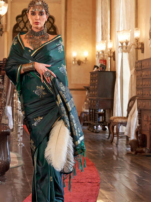 Rajwada Green Silk Blend Woven Saree With Unstitched Blouse For Women