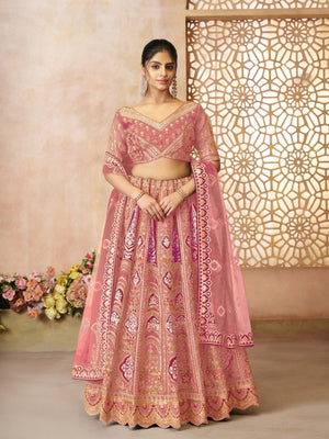 Rajwada Pink Banarasi Silk Embroidered Semi-Stitched Lehenga For Women