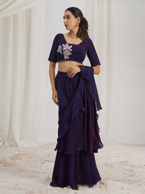 Rajwada Purple Organza Solid Ready To Wear Saree With Stitched Blouse For Women