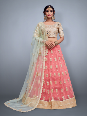 Rajwada Women Pink Embroidered Art Silk Semi Stitched Lehenga With Unstitched Blouse