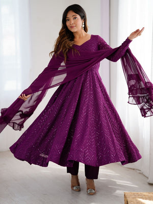 Rajwada Wine Georgette Embroidered Stitched Kurta Set For Women