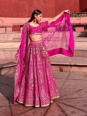 Rajwada Pink Silk Blend Embellished Semi-Stitched Lehenga For Women