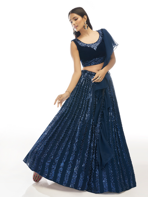 Rajwada Dark Blue Embroidered Velvet Semi Stitched Lehenga With Unstitched Blouse For Women