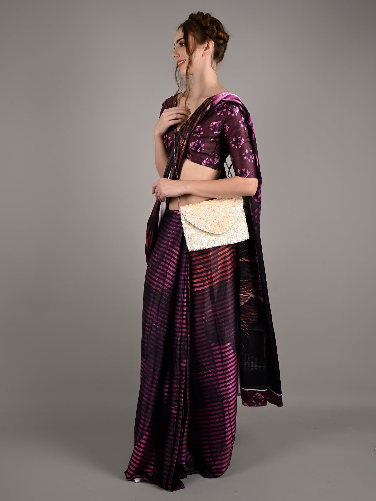 Multicolor Silk Blend Digital Floral Print Saree With Unstitched Blouse