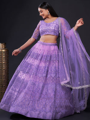 Rajwada Women Lavender Net Embroidered Semi Stitched Lehenga Choli