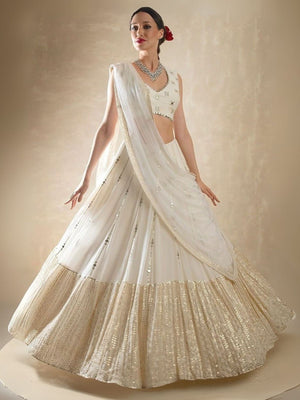 Rajwada White Georgette Embellished Semi-Stitched Lehenga For Women