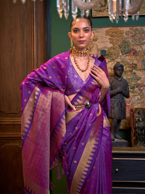 Rajwada Purple Silk Blend Woven Saree With Unstitched Blouse for Women