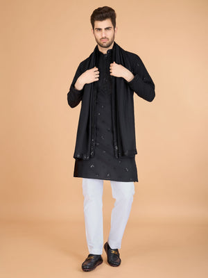 Rajwada Black Viscose Silk Embellished Stitched Kurta For Men