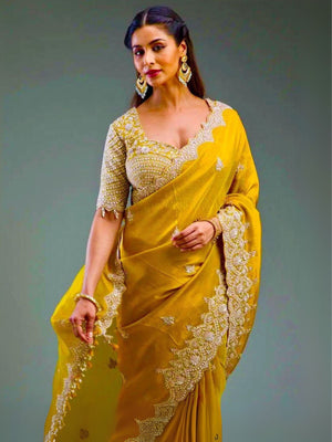 Rajwada Mustard Silk Blend Embroidered Elegant Saree For Women