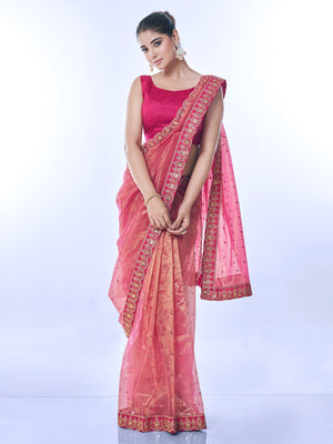 Rajwada Pink Embellished Net Saree With Unstitched Blouse For Women