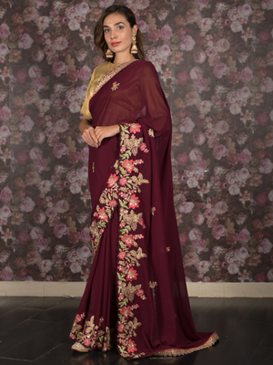 Rajwada Purple Floral Embroidered Georgette Saree with Unstitched Blouse for Women