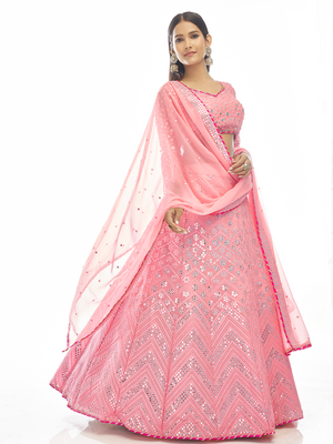 Rajwada Women Pink Embroidered Georgette Semi Stitched Lehenga With Unstitched Blouse