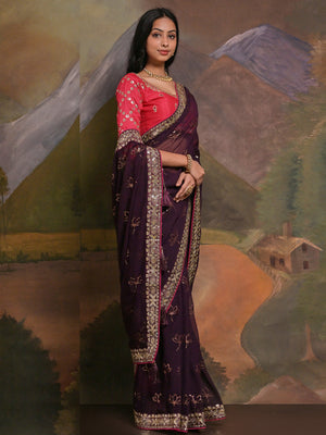 Rajwada Wine Embellished Georgette Saree With Unstitched Blouse For Women