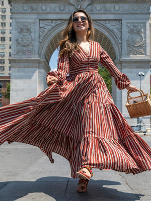 Rajwada Brown Rayon Stitched Stripes Indo Western Dresses For Women