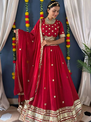 Rajwada Red Georgette Embellished Semi-Stitched lehenga For Women