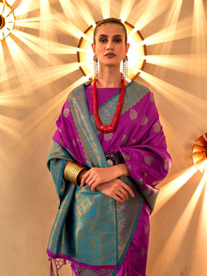Rajwada Purple Silk Blend Woven Saree With Unstitched Blouse For Women
