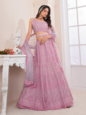 Rajwada Pink Net Embellished Semi Stitched Lehenga With Unstitched Blouse for Women