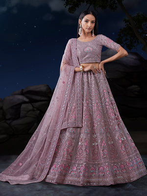 Rajwada Mauve Embroidered Soft Net Semi Stitched Lehenga With Blouse For Women