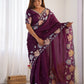 Rajwada Wine Tissue Embroidered Saree With Unstitched Blouse For Women