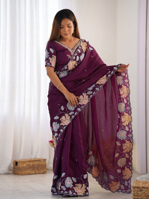 Rajwada Wine Tissue Embroidered Saree With Unstitched Blouse For Women