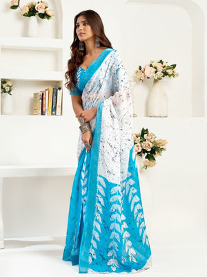 Rajwada Sky Blue Cotton Linen Zari Work Saree For Women