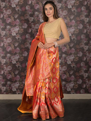 Rajwada Yellow and Red Woven Banarasi Silk Saree with Unstitched Blouse for Women