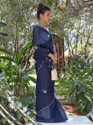 Rajwada Navy Blue Beads Embroidered Khadi Organza Saree with Unstitched Blouse for Women