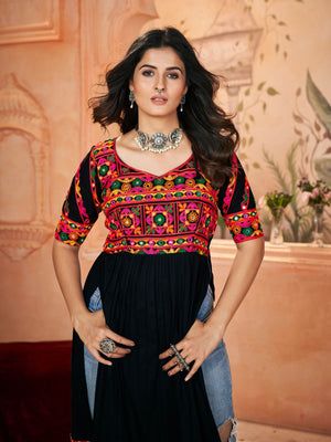 Rajwada Black Embroidered Rayon Stitched Kurti For Women