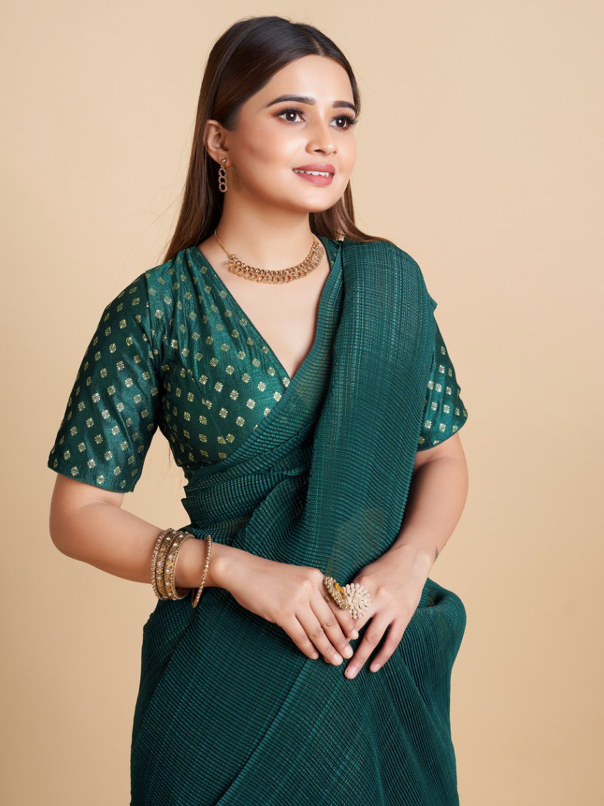 Rajwada - Stunning Teal Chiffon Georgette Saree with Stitched Blouse