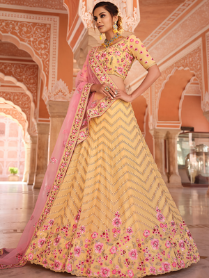 Rajwada Women Yellow Embroidered Georgette Semi Stitched Lehenga With Unstitched Blouse