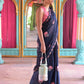 Rajwada Navy Blue Floral Embroidered Georgette Saree with Unstitched Blouse for Women