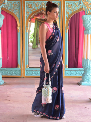 Rajwada Navy Blue Floral Embroidered Georgette Saree with Unstitched Blouse for Women