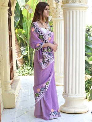 Rajwada Purple Embroidered Georgette Saree with Unstitched Blouse for Women