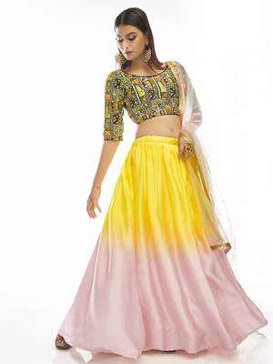 Rajwada Women Multicolored Embroidered Velvet Semi Stitched Lehenga With Unstitched Blouse