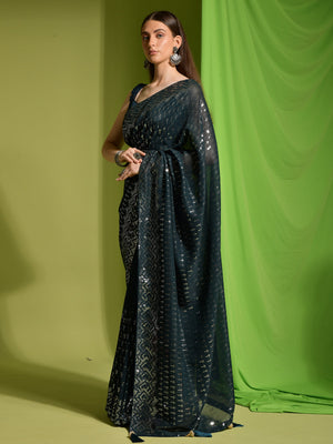 Rajwada Teal Embellished Georgette Saree With Unstitched Blouse For Women