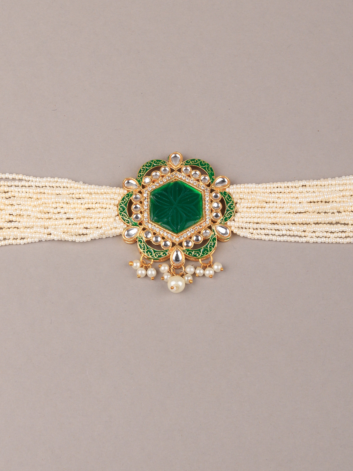 Rajwada - Green Stone and White Pearl Choker Set
