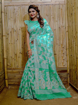 Rajwada Green Cotton Blend Woven Saree With Unstitched Blouse For Women